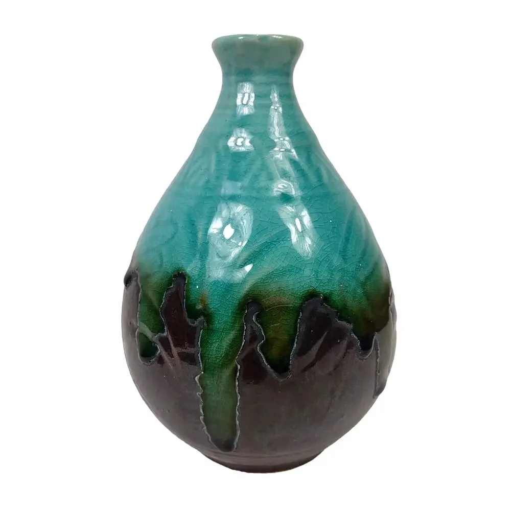 Vintage Art Pottery Drip Glaze Vase w Dragonfly’s Brown Turquoise 71/4” MCM